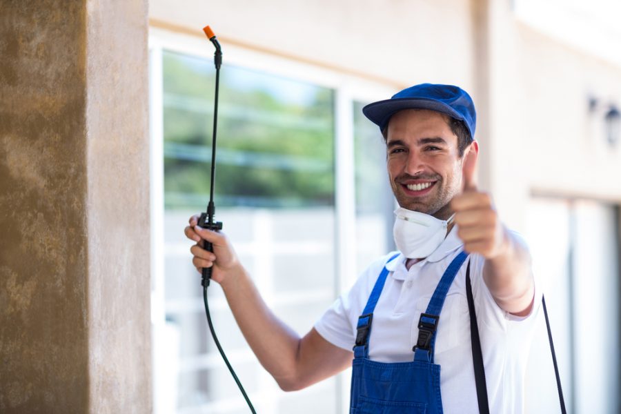 Portrait of confident pesticide worker with thumbs up sign in back yard